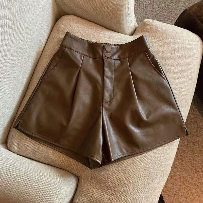 Dames Chique Mode Zijzakken Zwarte Kunstlederen Shorts Vintage Hoge Taille Ritssluiting Korte Broeken voor Vrouwen