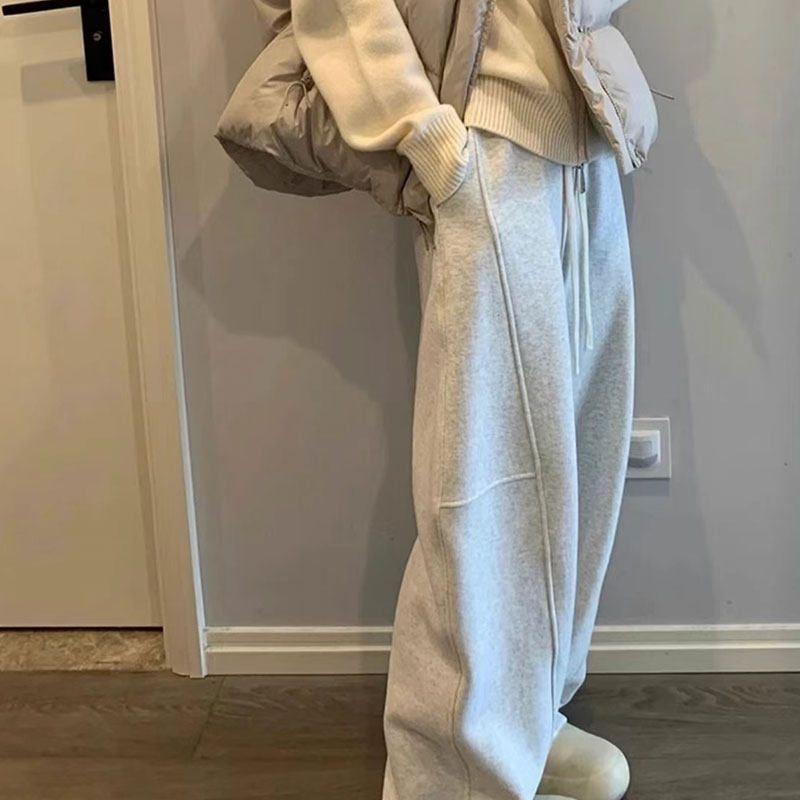 Gray American-Style Sweatpants for Women, Spring and Autumn 2026 New Korean Version Straight-Leg Patchwork Banana Fleece-Lined Wide-Leg Pants