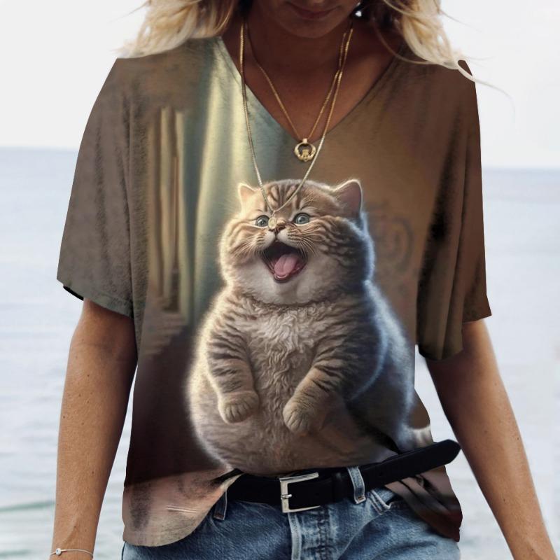 Dámské tričko Kawaii Cat Print 3D Tričko Top Dívčí Y2k Oblečení Léto Trička s krátkým rukávem Výstřih do V Ležérní Sváteční Dámské tričko