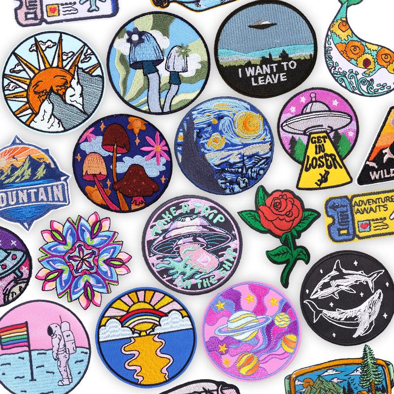 Iron On Embroidered Patch Outdoor Adventure Design Cosmic Mushroom Astronaut For Denim Jacket Hat Bag DIY Customize Decoration