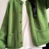 Cardigan tricoté brodé vert pour femme, couleur unie, style rétro, pull ample et polyvalent, pour l'automne
