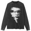 Tricou Streetwear cu Grafică Față Mare, Negru Spălăcit, Bumbac, Unisex, Topuri, Tricouri, Mărimi Mari, Mâneci Lungi