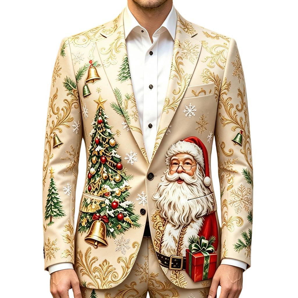 Giacca da Uomo Business Casual con Stampa Natalizia a Manica Lunga con Bavero Senza Cravatta
