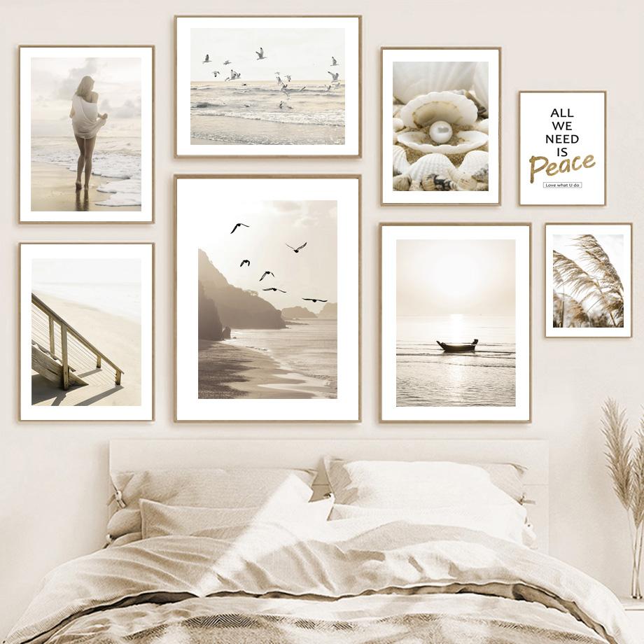 Wand Kunstdruck Sonnenaufgang Strand Spaziergang Vögel Palm Blatt Reed Boot Perle Leinwand Malerei Nordic Poster Dekor Bilder Für Wohnzimmer