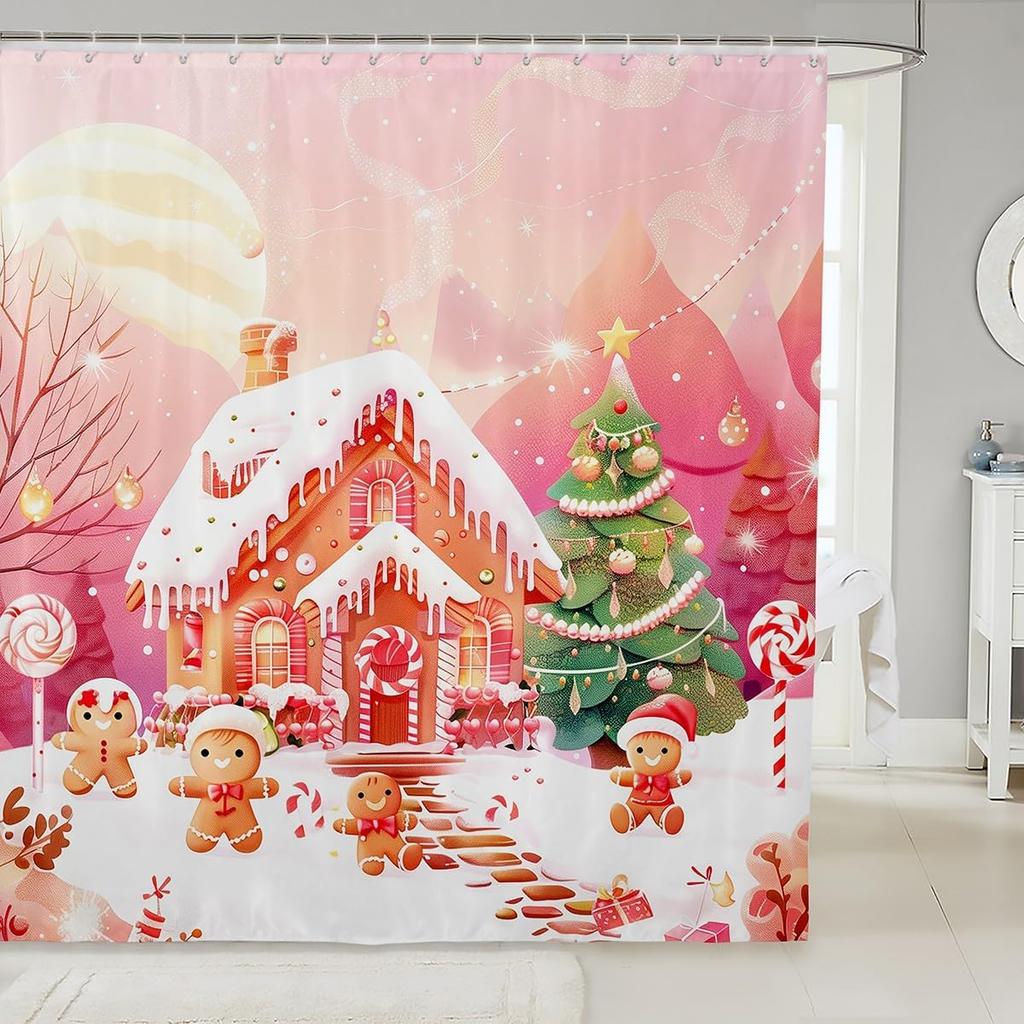 Christmas Gingerbread House Shower Curtain with Xmas Tree Snowflake Pattern, Waterproof Winter Bathroom Decor for Holiday Season