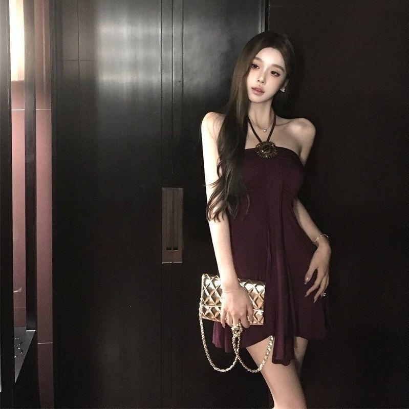 Pure Desire Neck Sling Vest Women's Summer Black Sleeveless Tube Top with Socialite Style Hot Girl Sexy Tights