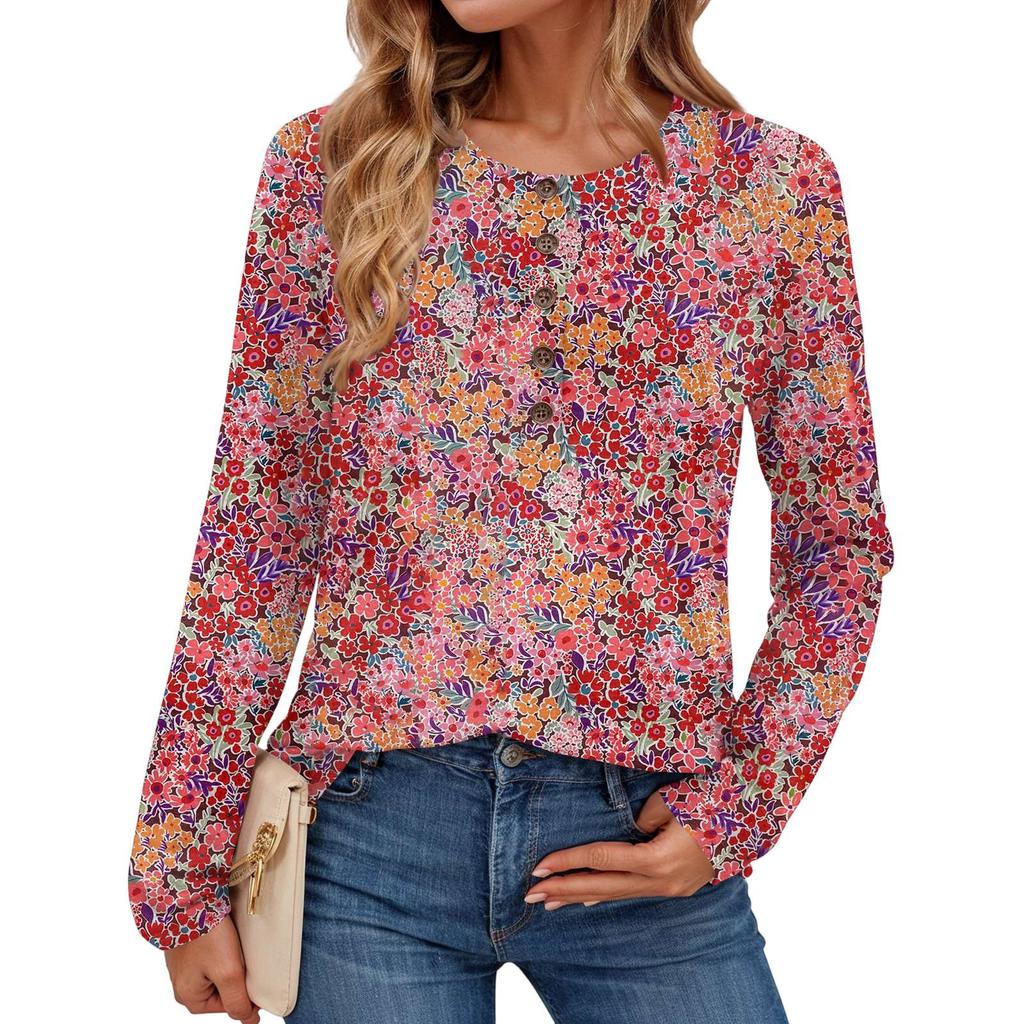 Women's Fashionable Vintage Floral Print Round Neck Long-sleeved Top