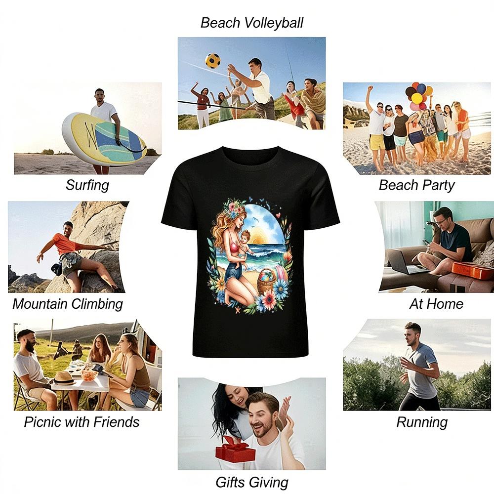 Seaside Mother-Child Time Print Tender Mom Vacation Style Top Pure cotton T-shirt