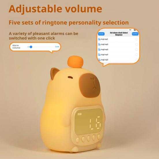 Capybara Alarm Clock with Night Light Dimmable Snooze Function Rechargeable Silicone Lamp