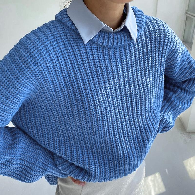 Womens And Winter Autumn Loose Round Neck Solid Colour Long Sleeve Knitted Sweater