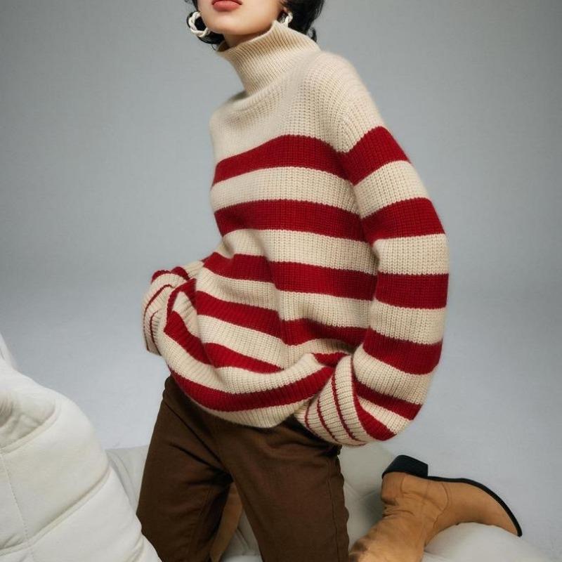 Pull ample à col mi-haut et rayures tricotées pour femme, automne et hiver
