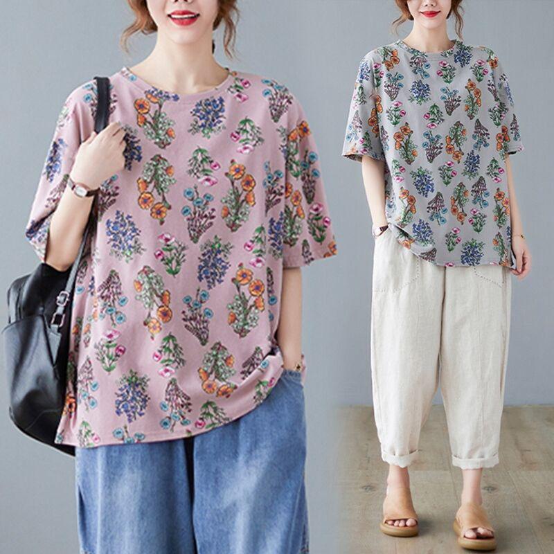 Women Summer Round Neck Short Sleeve Floral Print Casual Loose Fit T Shirt Multi Color