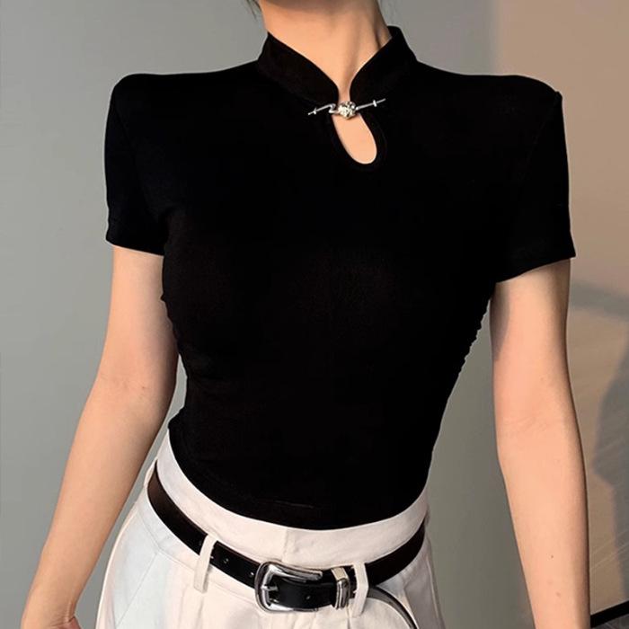 Women's Black Short Sleeve Cheongsam-Style Top with Modern Design