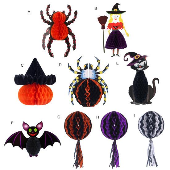 Waben Halloween Hängedekorationen Geist Spinne Kürbis Hexe Fledermaus Papier Waben Mittelstücke für Innenfenster Spukhaus Dekor