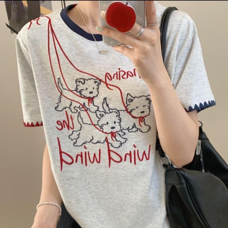 Korean Women T-Shirts Short Sleeved Casual Oversized Flower Embroidery Women's Tees Fashion Ladies Cotton T Shirt White Y2k Tops