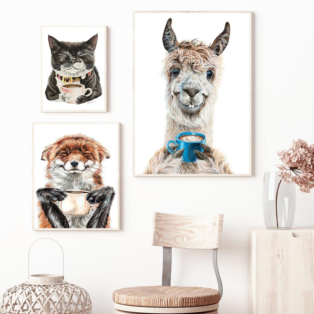 Funny Animals Drinking Coffee In the Morning, Poster Printing, Lama, Latte, Grizzly, Tiger Fox, Canvas, Painting, Decor for Kitchen,
