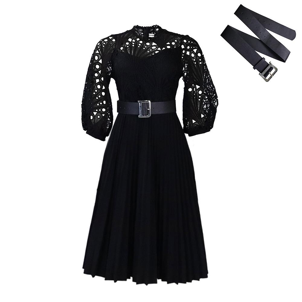Reress Summer Plus Size Lace Crochet Sexy Hollow Pleated Dress Dress