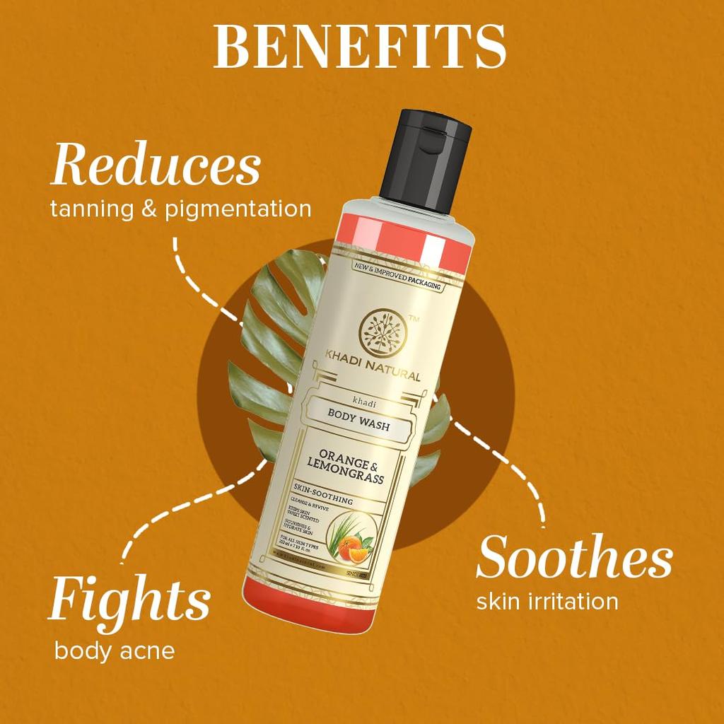 KHADI NATURAL Kräuter Orange & Zitronengras Körperwäsche 210ml Packung 1 für Alle Hauttypen, Sanftes Reinigungs-Duschgel
