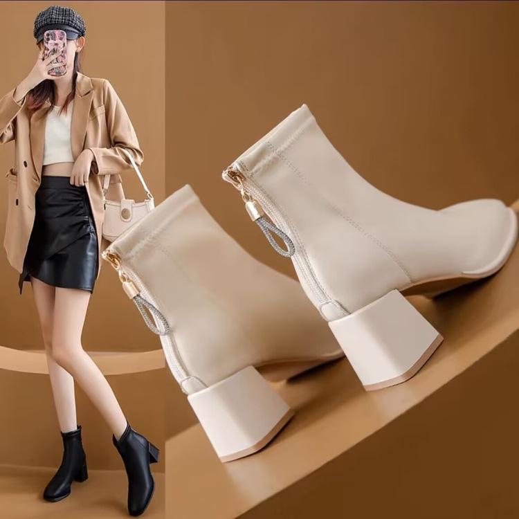 Krótkie buty i botki w stylu francuskim dla kobiet, jesień i zima 2025, nowe buty w koreańskim stylu na grubej podeszwie, z kwadratowym noskiem, wąskie