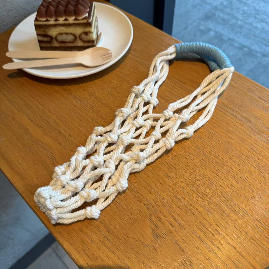 Suport portabil pentru sticlă de apă din macrame, țesut manual din sfoară de bumbac, Suport boho pentru pahar pentru cafea și băuturi reci, Accesorii pentru camping în aer liber