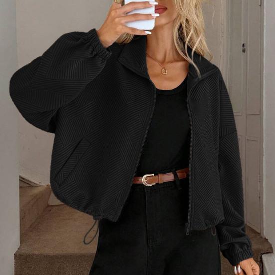 Women's Full Zip Short Jacket Casual Long Sleeve Stand Collar Crop Coat Drawstring Hem Fall Sweatshirt with Pockets
