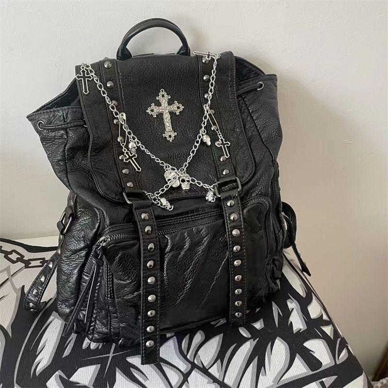 Grunge Nieten Schwarz Y2k Rucksack Damen Gothic Subkultur Punk Kreuz Schwarz Mochila Damen Vintage Harajuku Rucksäcke Ästhetisch