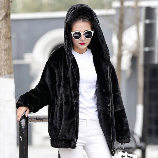 Winter Women Jacket Thick Plush Faux Rabbit Fur Mid Length Hooded with Pockets Long Sleeves Windproof Zip-up Cardigan Coat