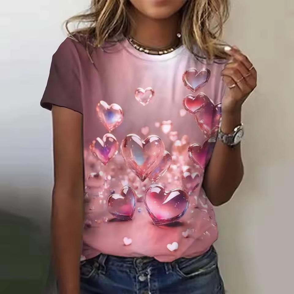 Sommar Rundhalsad Kortärmad RegnbågsHjärta 3D-tryckta Dam-T-shirts