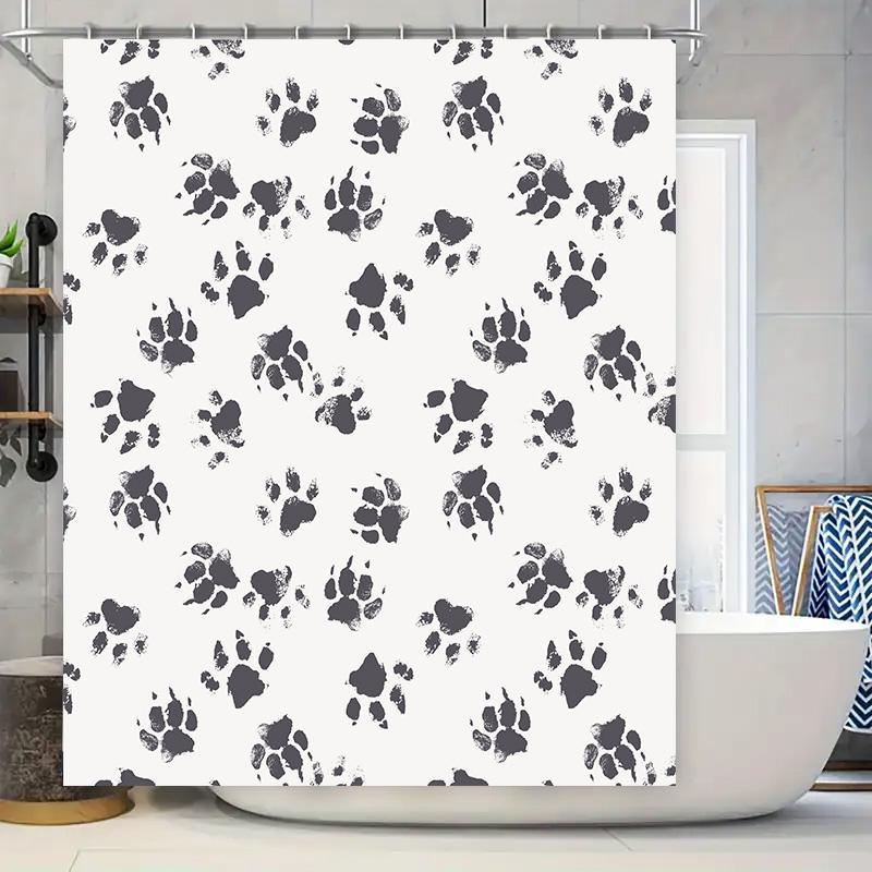 White Floral Shower Curtain with Paw Print Pattern Modern Decorative Waterproof Bath Mat Cover for Home Bathroom Accessories Bla