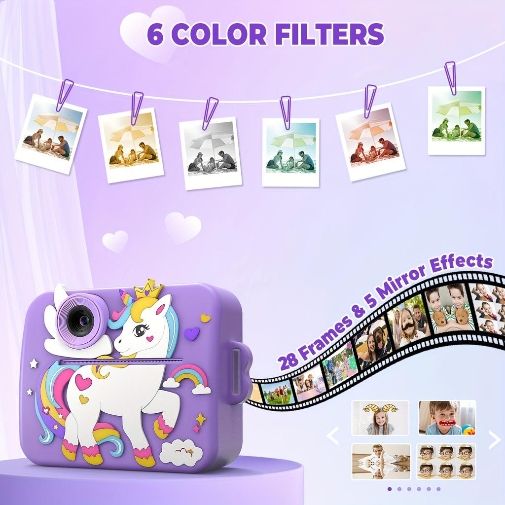 Aparat Foto Instant cu Imprimare pentru Copii, cu Husă din Silicon, Cadouri Creative pentru Fete Vârsta 12+ Zi de Naștere, Jucărie Aparat Foto Digital 1080P