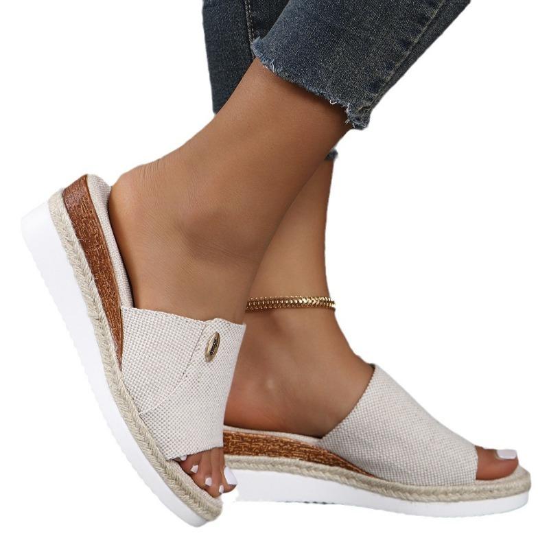 Cross-border Foreign Trade Large Size Cool Slippers Women's Shoes Summer New Hemp Rope Women's Slope Heel Fashion Thick-soled Cool Slippers