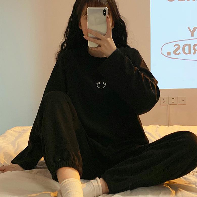 Women's Long-Sleeve Waffle Pajamas: Smiley Face, Two-Piece, Round Neck, Cute Homewear