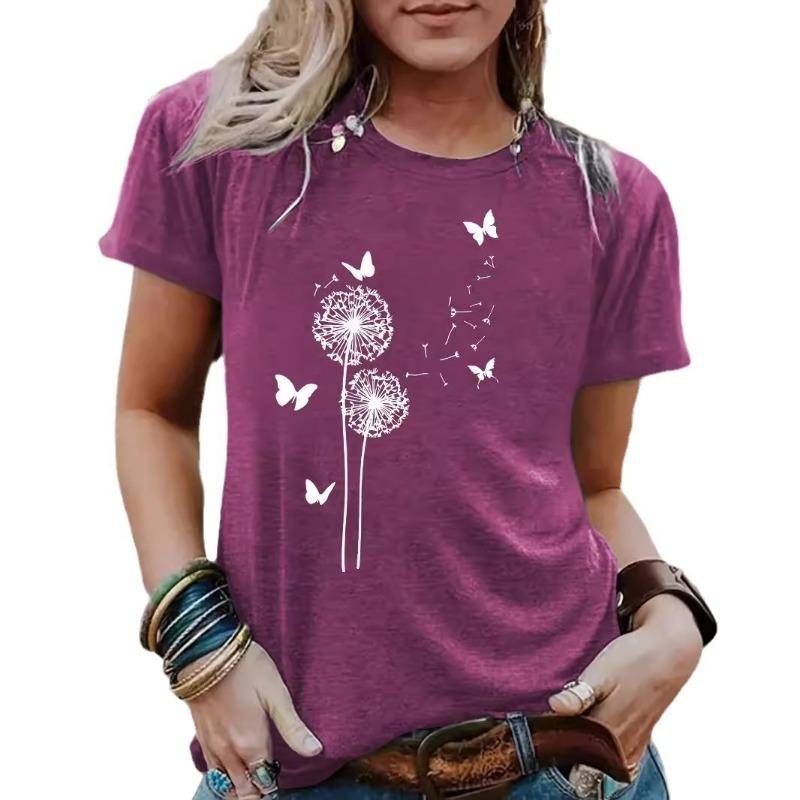 Women's Dandelion Patterned Round-neck Short-sleeved Casual and Fashionable T-shirt