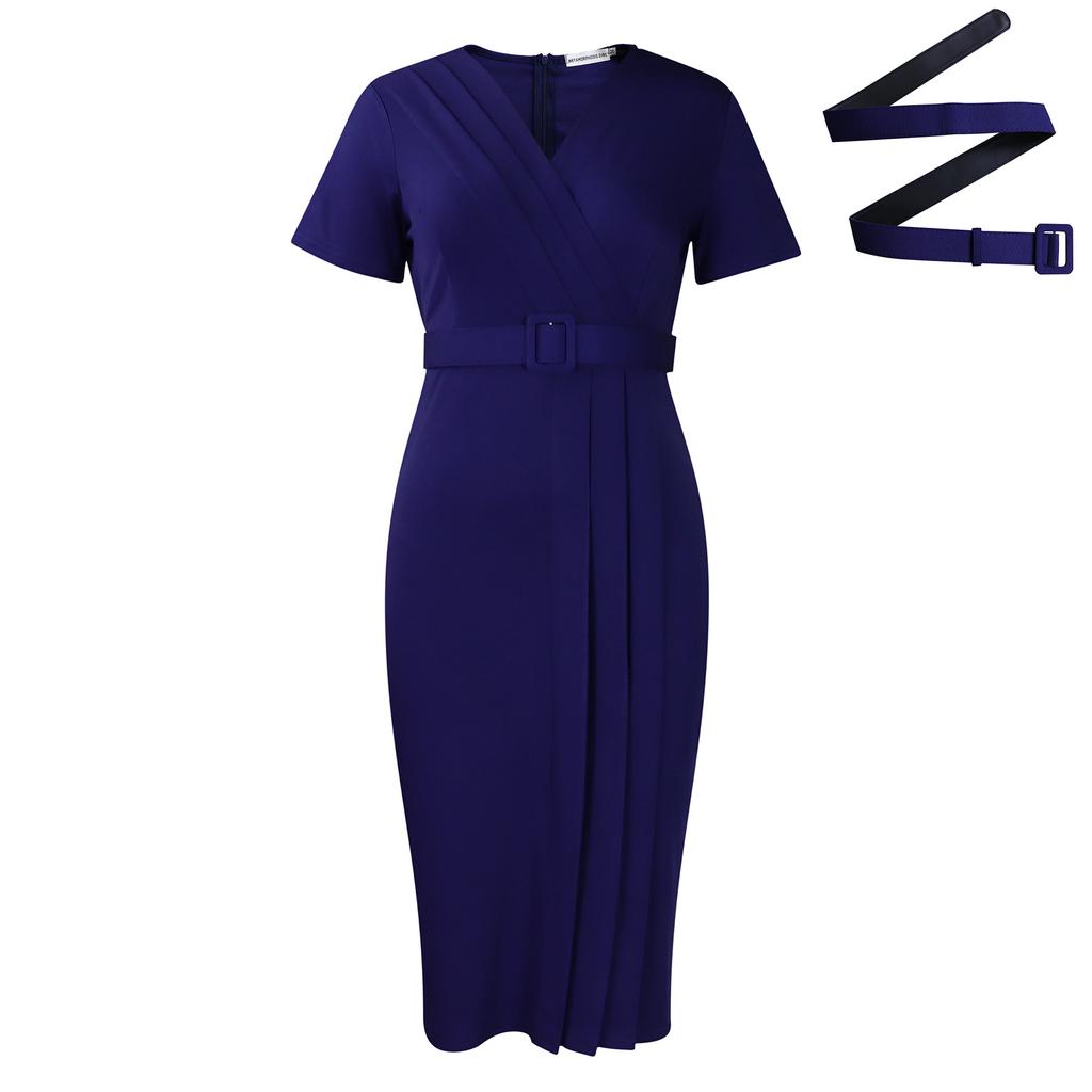 Women's Summer New Short Sleeved V Neck Waist Solid Color Dress