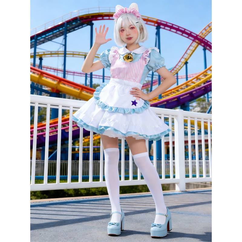 Dienstmädchen-Outfit aus Polyesterstoff mit niedlicher Schürze und Glöckchen für Halloween-Cosplay-Fans
