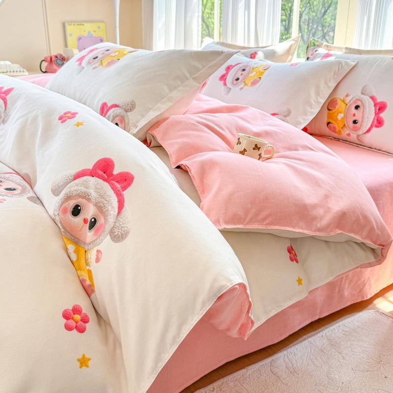 Cotton 4-piece Set Thickened Brushed Fresh Cotton Bed Sheet Quilt Cover Hats Models Dormitory 3-piece Set