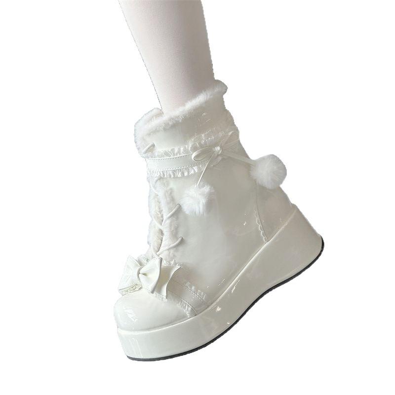 Sweet Hairball Bow Lolita Snow Boots 2025 New Thick-soled Plush Warm Cute Winter Cotton Boots