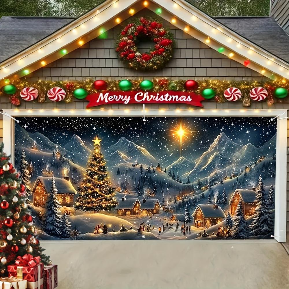 A glittering polyester banner for the garage door of Christmas town, perfect for holiday parties and holiday photos