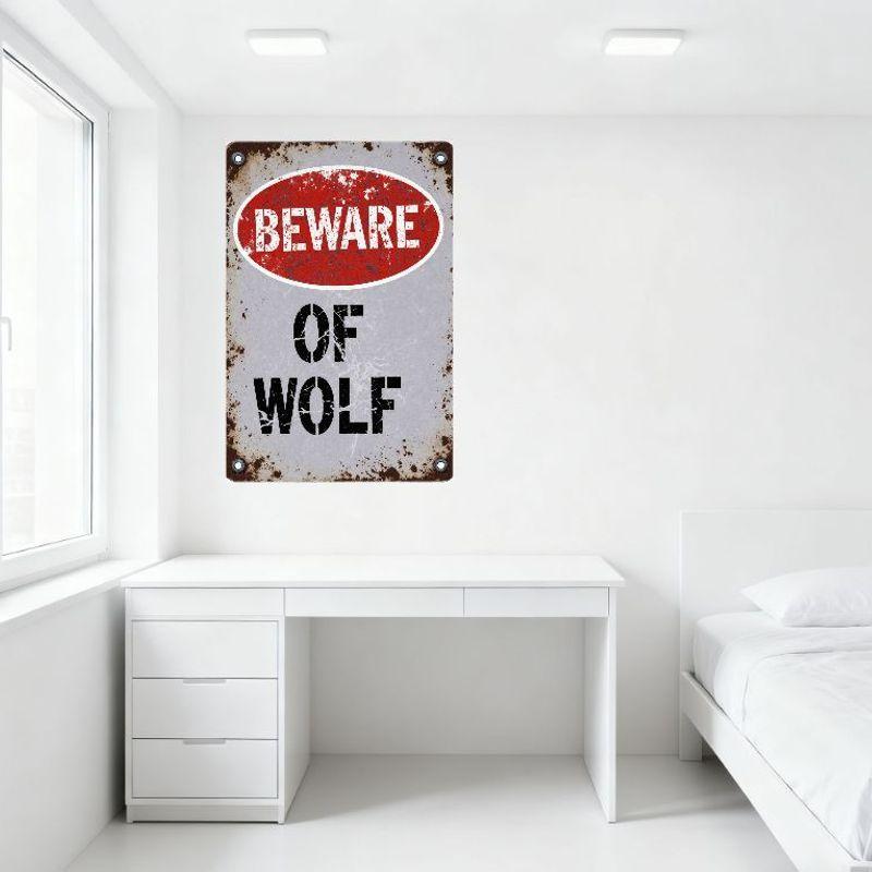 Vintage Distressed Metal Tin Sign 'BEWARE OF WOLF' Rustic Warning Plaque for Home Man Cave Bar Decor with Cracked Effect & Metal