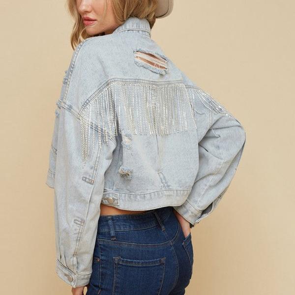 Womens Long Sleeve Back Rhinestone Tassels Loose Ripped Hole Denim Jeans Jacket Short Coat