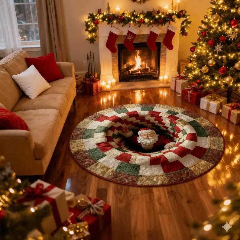 3D Merry Christmas Rug Round Christmas Rug Golden Holiday Pattern Carpet Black Festive Floor Carpet Trees Candy Cane Design Rug