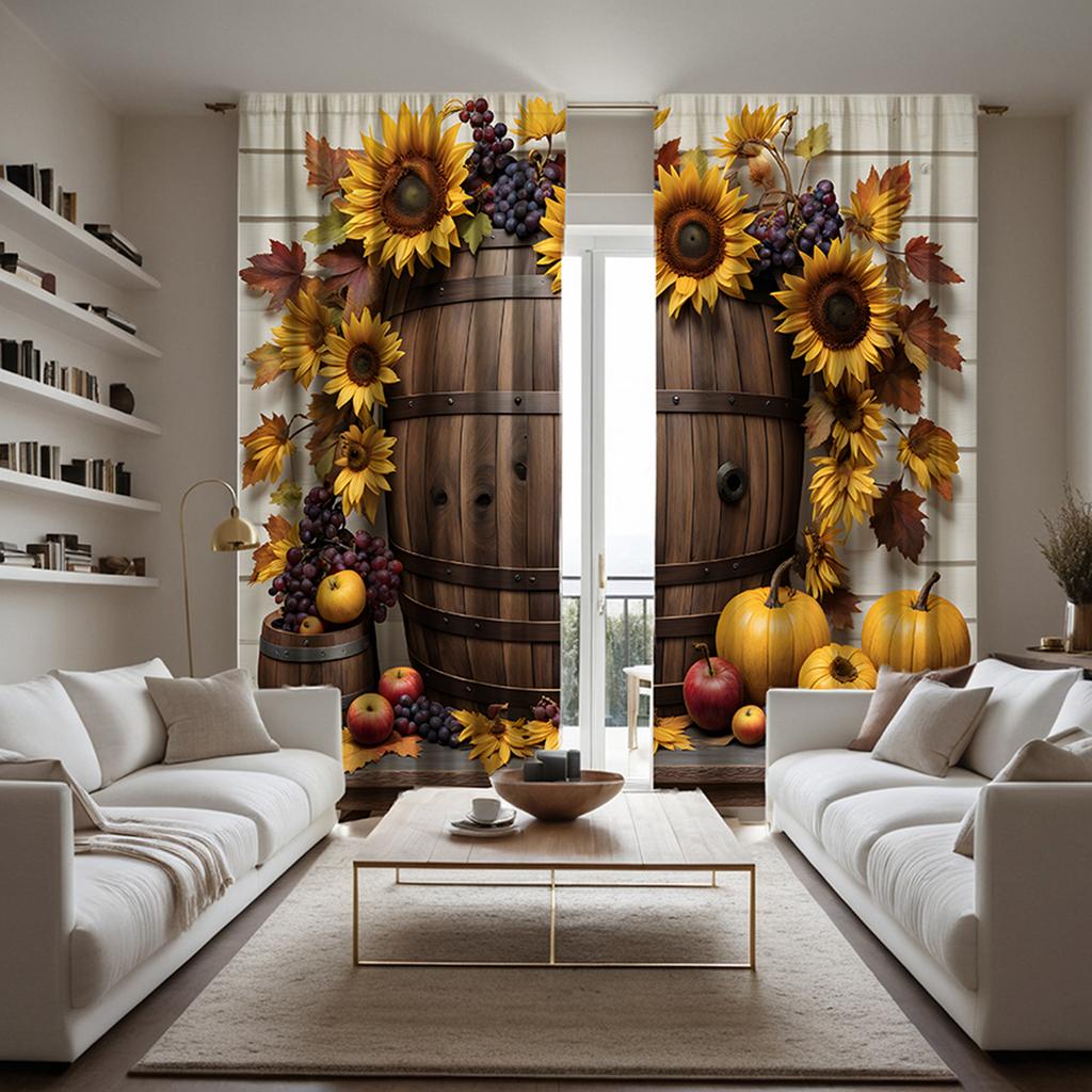 2 Stück HD Thanksgiving Kürbis Fass Sonnenblume dekorativer Vorhang Gelber Bindeband Digital bedruckter Vorhang Heimdekorationsstil Dec