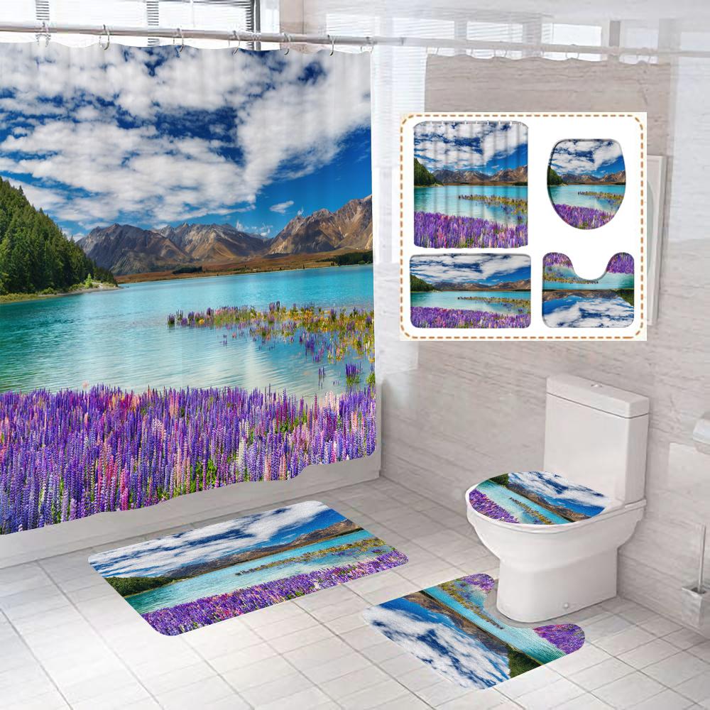 Waterfall Landscape Print Shower Curtain Forest Scenery Waterproof Bathroom Curtains Home Decoration Non-Slip Rugs Bath Mat Set