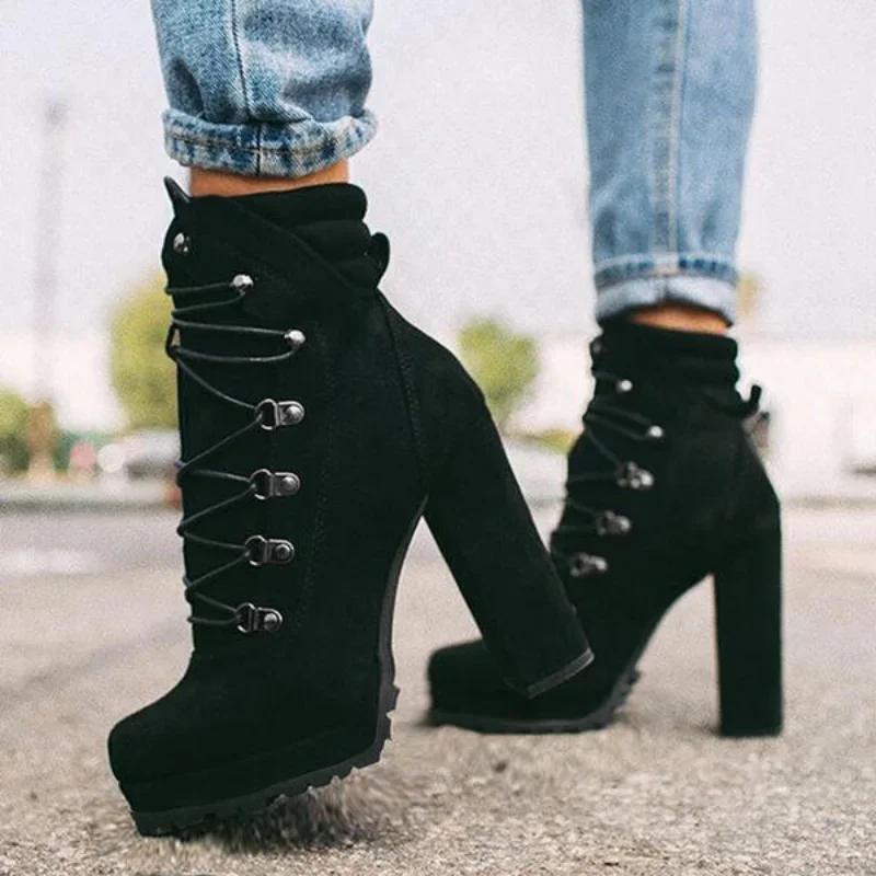Fashion Women Platform Rivet Ankle Boots Female Retro High Heels Autumn Fashion Sexy Lace-Up Pumps Ladies Shoes Plus Size 35-43