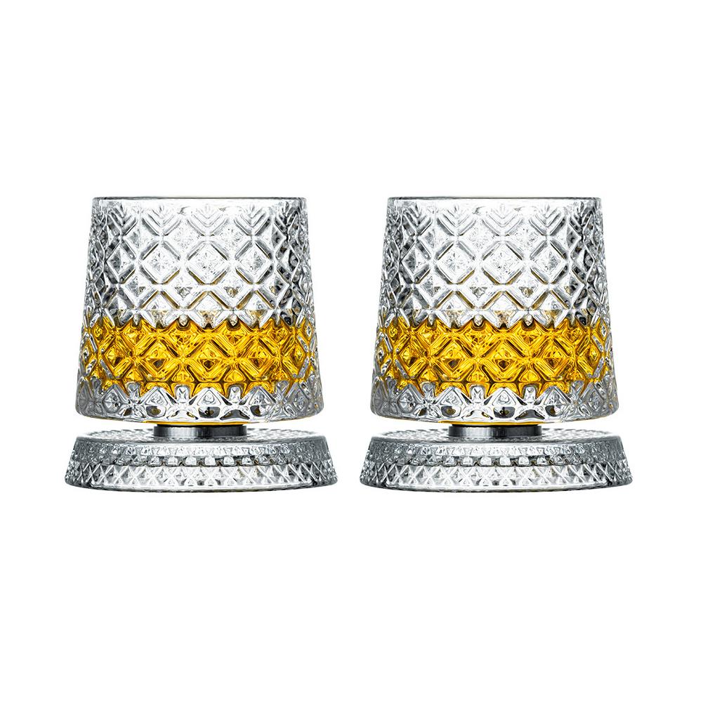 2Pcs/Set Whiskey Glasses Rotating Whisky Glass With Glass Base 360 Rotate Degrees Crystal Rum Glass Cocktail Party Drinking Gift