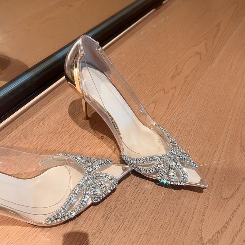Fashion New Summer New Women's Fashion Pointed Transparent PVC Rhinestone Wrapped Back Buckle High Heel Sandals Banquet Shoes