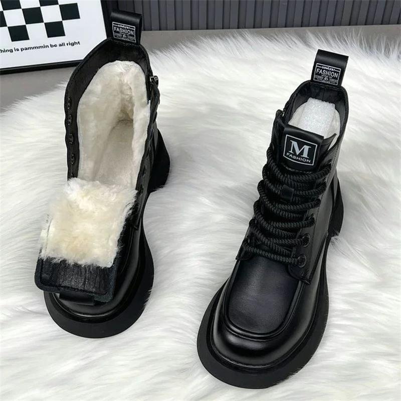 Winter Women's Boots Thick Plush Warm Snow Boots Lace Up Ankle Boot Fashion Casual Leather Boots for Women High Top Cotton Botas