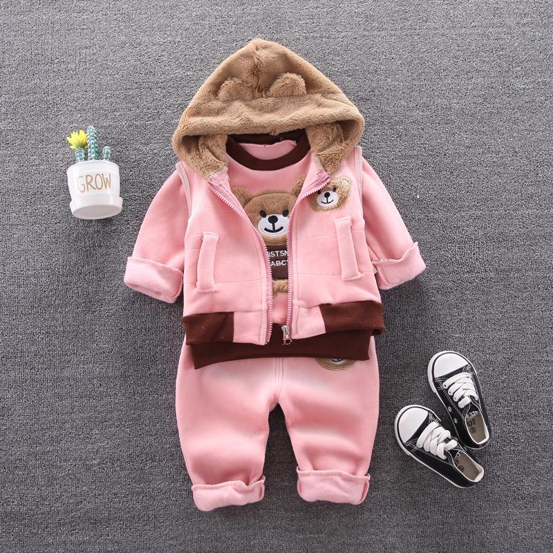 Autumn Winter Baby Boys Clothes Sets Thick Fleece Cartoon Bear Jacket Vest Pants 3Pcs Cotton Sport Suit For Girls Warm Outfits