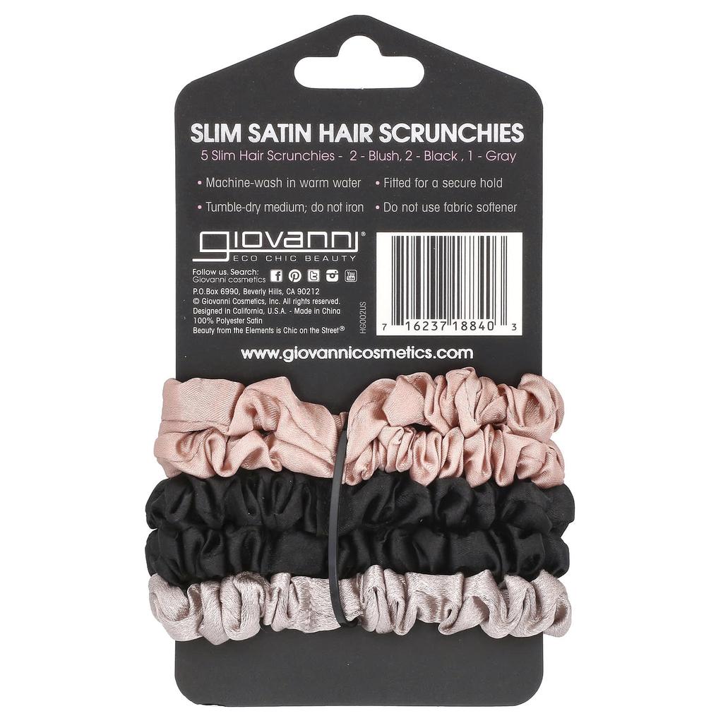 Giovanni Slim Satin Hair Scrunchie, Blush, Black, Gray, 5 Scrunchies