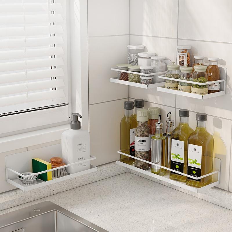 Punch-Free Kitchen Spice Storage Rack Home Wall Mounted Metal Seasoning Shelf Adhesive Hanging Sundries Organization Holders